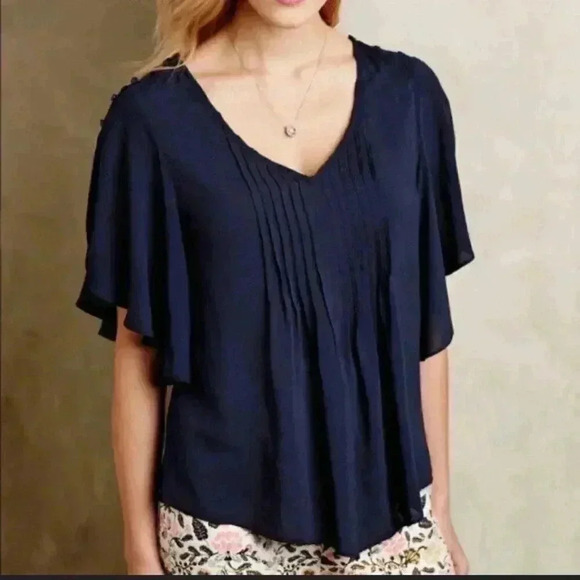 Anthropologie Maeve Maya Flutter Sleeve Navy Pintuck Blouse size 4 H33 - Picture 2 of 9